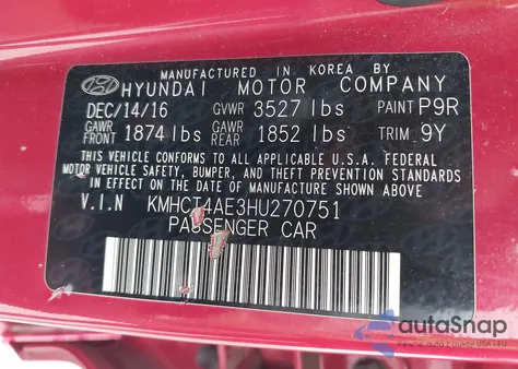 2017 Hyundai Accent Se из США, поврежденный, VIN KMHCT4AE3HU270751